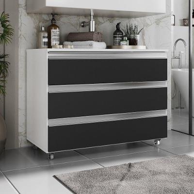 Gabinete Banheiro Rodinhas Joia 80cm 03 Gavetas Branco Preto