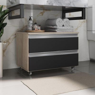 Gabinete Banheiro Rodinhas Joia 60cm 02 Gavetas Madeirado Preto