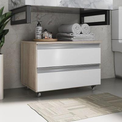 Gabinete Banheiro Rodinhas Joia 60cm 02 Gavetas Madeirado Branco