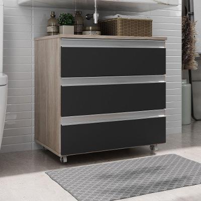 Gabinete Banheiro Rodinhas Joia 60cm 03 Gavetas Madeirado Preto
