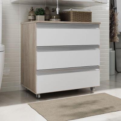Gabinete Banheiro Rodinhas Joia 60cm 03 Gavetas Madeirado Branco