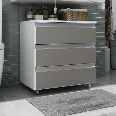 Gabinete Banheiro Rodinhas Joia 60cm 03 Gavetas Branco Cinza