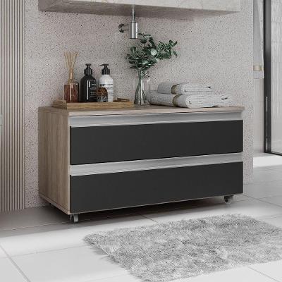 Gabinete Banheiro Rodinhas Joia 80cm 02 Gavetas Madeirado Preto