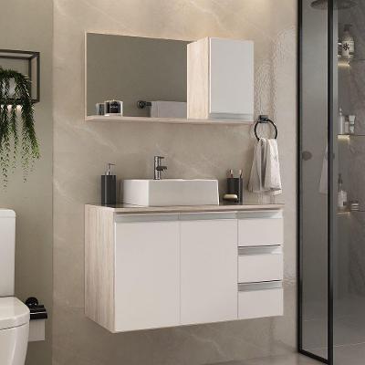 Conjunto Gabinete Banheiro Prisma 80cm Gabinete + Cuba + Espelheira Com Vidro Madeirado Branco