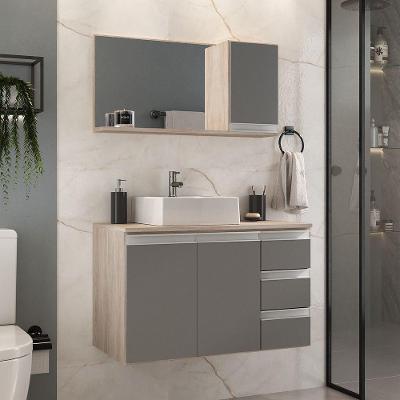 Conjunto Gabinete Banheiro Prisma 80cm Gabinete + Cuba + Espelheira Madeirado Cinza