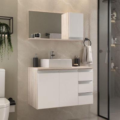 Conjunto Gabinete Banheiro Prisma 80cm Gabinete + Cuba + Espelheira Madeirado Branco