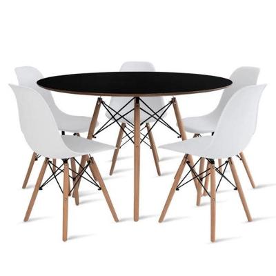 Conjunto De Mesa De Jantar Eames Eiffel Redonda 110cm Tampo De Madeira Preto Com 5 Cadeiras Brancas