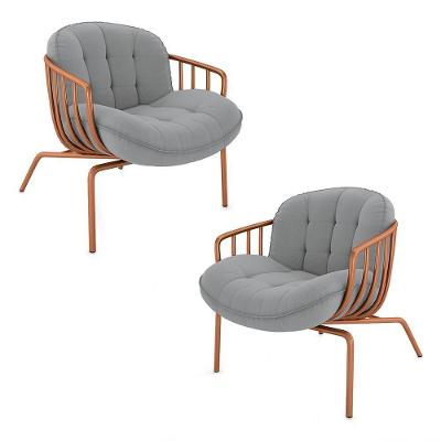 Kit 2 Poltronas Sala De Estar Base Em Ferro Crokett Veludo Cobre Cinza G33 - Gran Belo