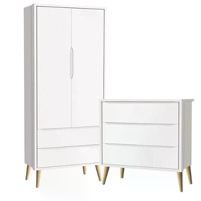 Guarda Roupa 2 Portas E Cômoda 3 Gav Theo Branco Fosco Pés Madeira Natural Reller Móveis
