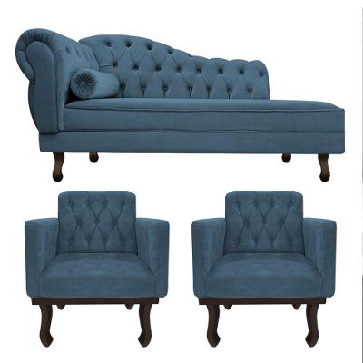 Kit Diva Recamier Diana 120cm Lado Direito E 2 Poltronas Classic Linho Adj Decor Azul Royal