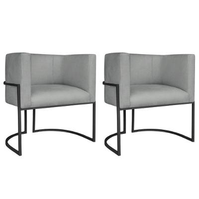 Kit 02 Poltronas Decorativas Luna Base De Ferro Preto Bouclé Cinza