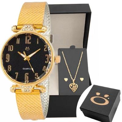 Relogio Feminino Dourado Aço + Colar Coração Brinco + Caixa Mostrador Preto Original Ponteiro Social