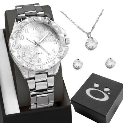 Brincos Strass Colar + Caixa + Relogio Aço Feminino Prata