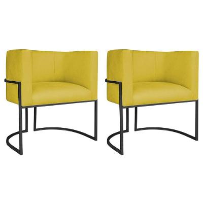 Kit 02 Poltronas Decorativas Luna Base De Ferro Preto Suede Amarelo