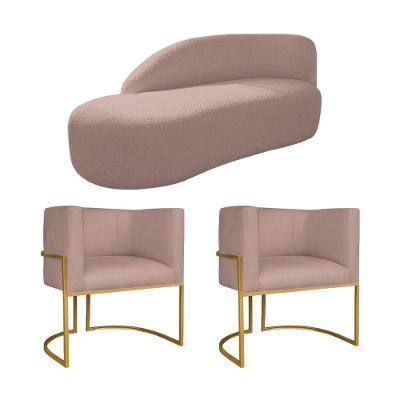 Kit Divã Luna 160cm Lado Esquerdo E 02 Poltronas Base De Ferro Dourado Linho Rosê
