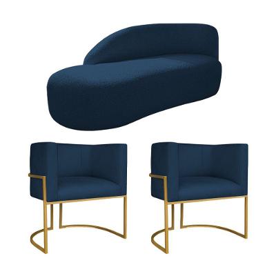 Kit Divã Luna 140cm Lado Esquerdo E 02 Poltronas Base De Ferro Dourado Suede Azul Marinho