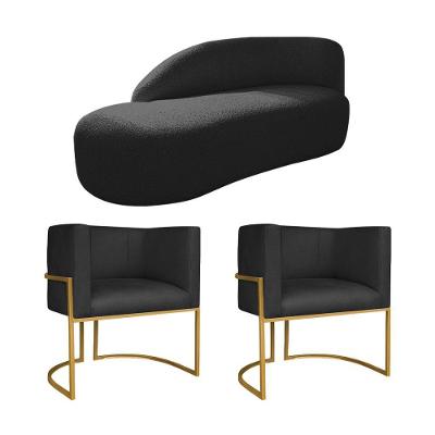Kit Divã Luna 140cm Lado Esquerdo E 02 Poltronas Base De Ferro Dourado Suede Preto
