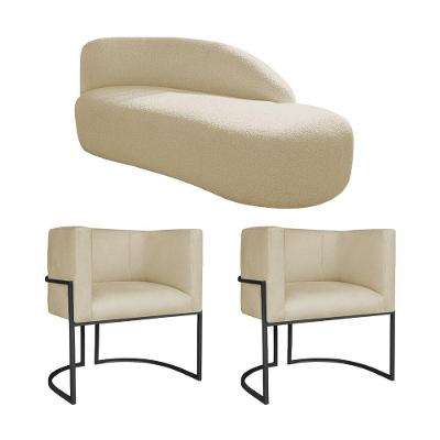 Kit Divã Luna 160cm Lado Direito E 02 Poltronas Base De Ferro Preto Suede Bege