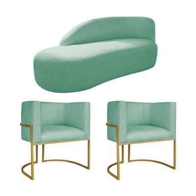 Kit Divã Luna 160cm Lado Esquerdo E 02 Poltronas Base De Ferro Dourado Suede Azul Tiffany