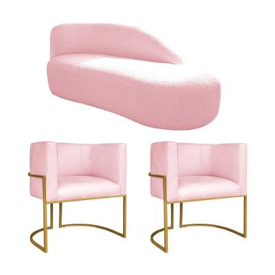 Kit Divã Luna 185cm Lado Direito E 02 Poltronas Base De Ferro Dourado Suede Rosa Bebê