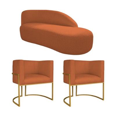 Kit Divã Luna 185cm Lado Direito E 02 Poltronas Base De Ferro Dourado Suede Terracota