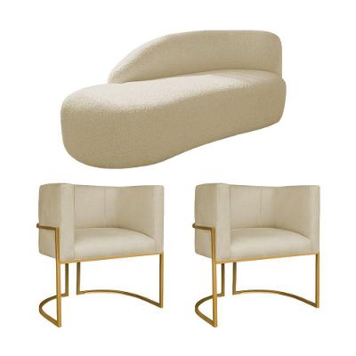 Kit Divã Luna 185cm Lado Esquerdo E 02 Poltronas Base De Ferro Dourado Suede Bege