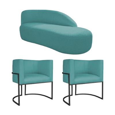 Kit Divã Luna 185cm Lado Direito E 02 Poltronas Base De Ferro Preto Suede Azul Turquesa