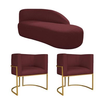 Kit Divã Luna 185cm Lado Direito E 02 Poltronas Base De Ferro Dourado Suede Bordô