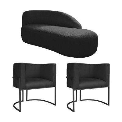 Kit Divã Luna 185cm Lado Direito E 02 Poltronas Base De Ferro Preto Suede Preto