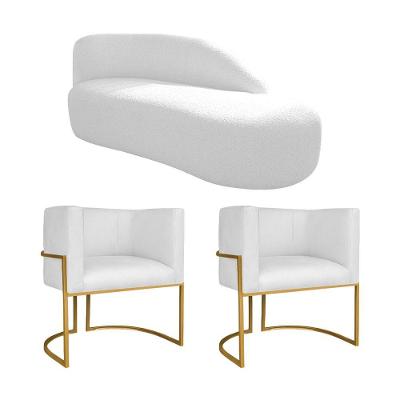 Kit Divã Luna 185cm Lado Direito E 02 Poltronas Base De Ferro Dourado Suede Branco
