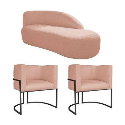 Kit Divã Luna 185cm Lado Direito E 02 Poltronas Base De Ferro Preto Suede Rosê