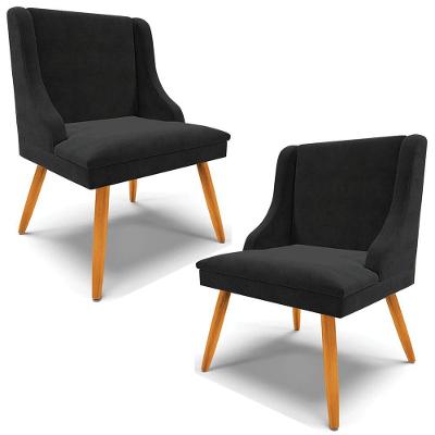 Kit 2 Cadeiras Decorativas Sala De Jantar Pés Palito De Madeira Firenze Suede Preto/natural G19 - Gran Belo