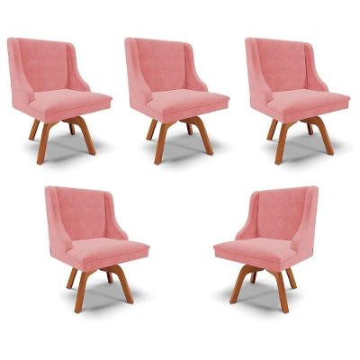 Kit 5 Cadeiras Decorativas Sala De Jantar Base Giratória De Madeira Firenze Suede Rosê/natural G19 - Gran Belo
