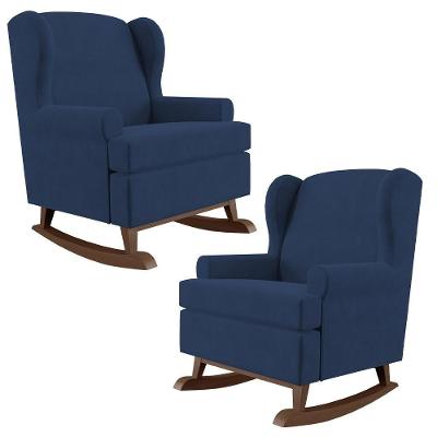 Kit 02 Poltronas Malu Base De Madeira P02 Suede Azul Marinho