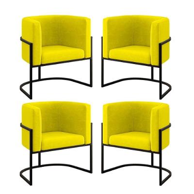 Kit 04 Cadeiras Poltrona Para Sala Quarto Base De Metal Preta Amarelo
