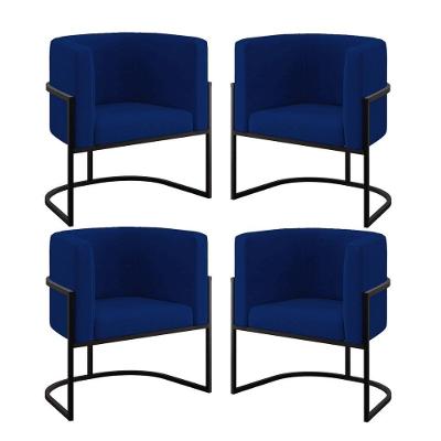 Kit 04 Cadeiras Poltrona Para Sala Quarto Base De Metal Preta Azul Marinho
