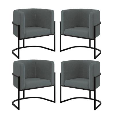 Kit 04 Cadeiras Poltrona Para Sala Quarto Base De Metal Preta Cinza