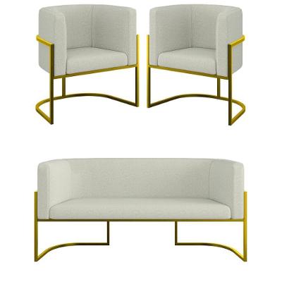 Kit 2 Poltronas + Sofá 2 Lugares Base De Metal Gold Bouclê Bege