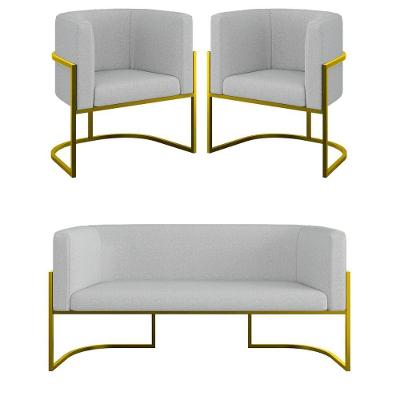 Kit 2 Poltronas + Sofá 2 Lugares Base De Metal Gold Bouclê Cinza