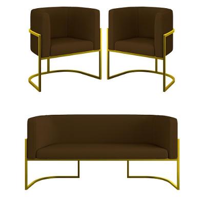 Kit 2 Poltronas + Sofá 2 Lugares Base De Metal Gold Corino Marrom