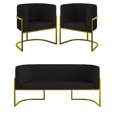 Kit 2 Poltronas + Sofá 2 Lugares Base De Metal Gold Corino Preto
