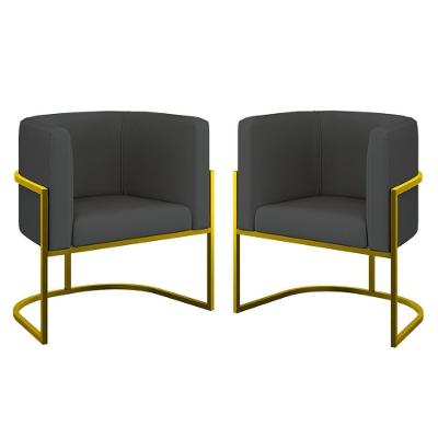 Kit 02 Cadeiras Poltrona Sala Quarto Base Metal Gold Corino Cinza