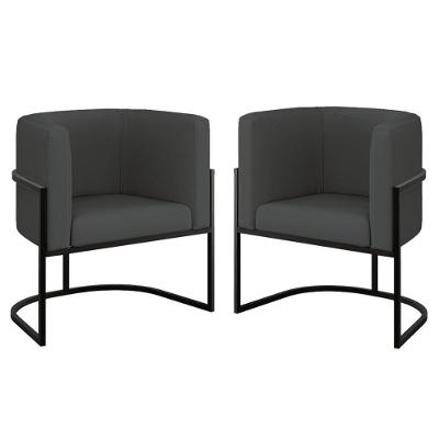 Kit 02 Cadeiras Poltrona Sala Quarto Base Metal Preta Corino Cinza