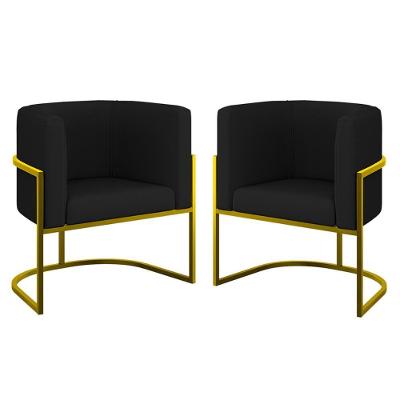 Kit 02 Cadeiras Poltrona Sala Quarto Base Metal Gold Corino Preto