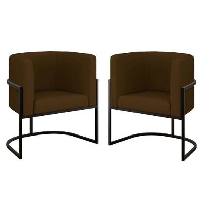 Kit 02 Cadeiras Poltrona Sala Quarto Base Metal Preta Corino Marrom