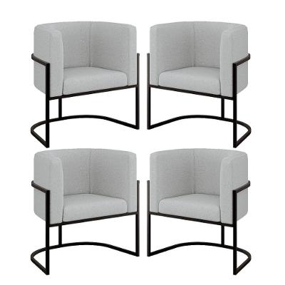 Kit 04 Cadeiras Poltrona Sala Quarto Base Metal Preta Bouclê Cinza