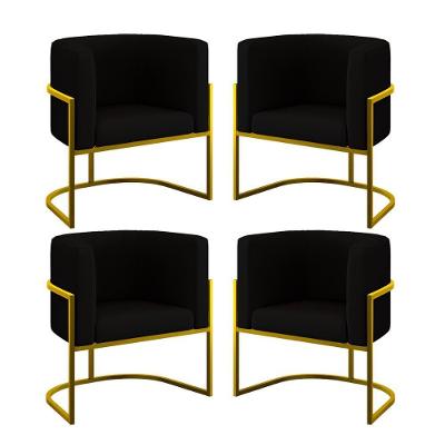 Kit 04 Cadeiras Poltrona Sala Quarto Base Metal Gold Veludo Preto