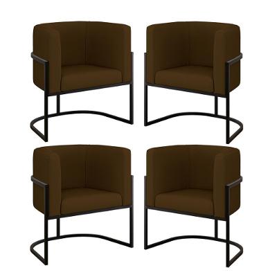 Kit 04 Cadeiras Poltrona Sala Quarto Base Metal Preta Corino Marrom