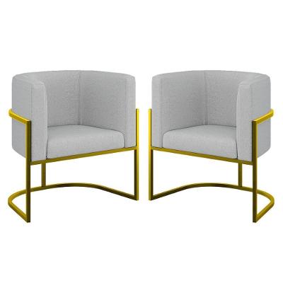 Kit 02 Poltronas Lua Sala Decorativa Base Ferro Gold Bouclê Cinza