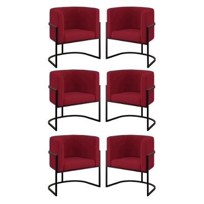Kit 06 Cadeiras Poltrona Para Sala Quarto Base Metal Preta Marsala